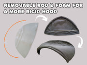 Dog cave bed hood showing removable rod and foam for added structure