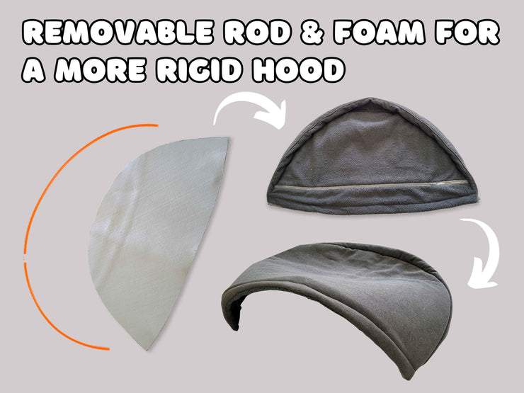 Dog cave bed hood showing removable rod and foam for added structure