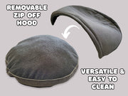 Dog cave bed shown with removable zip-off hood, flat and assembled