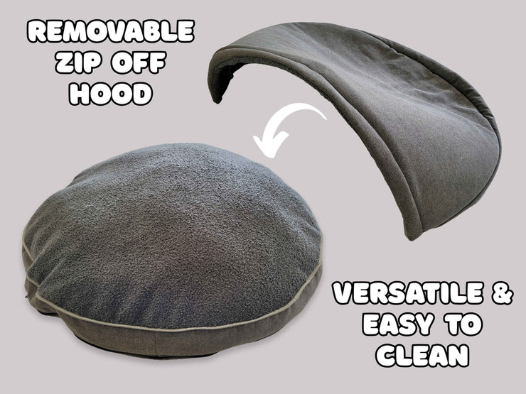 Dog cave bed shown with removable zip-off hood, flat and assembled