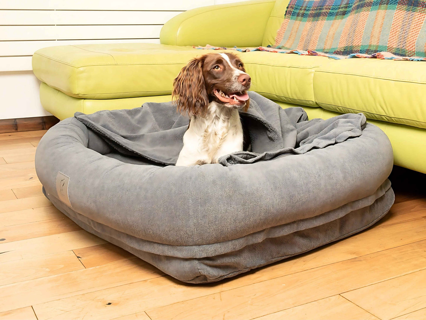 Dog relaxing in bolster dog bed with partially folded hood and raised supportive sides