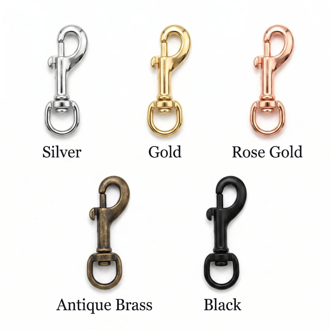 Dog lead trigger clip hardware in Silver, Gold, Rose Gold, Antique Brass and Black finishes.