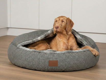 Dog lying in a gray pet bed on a wooden floor.