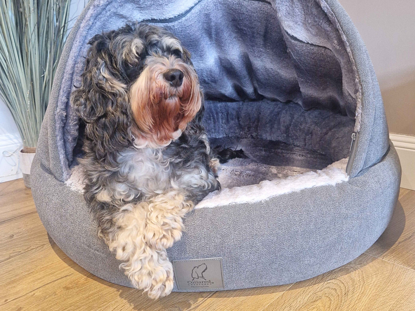 Grey Deluxe Comfort Cocoon Dog Bed with New Grey Faux Fur Interior