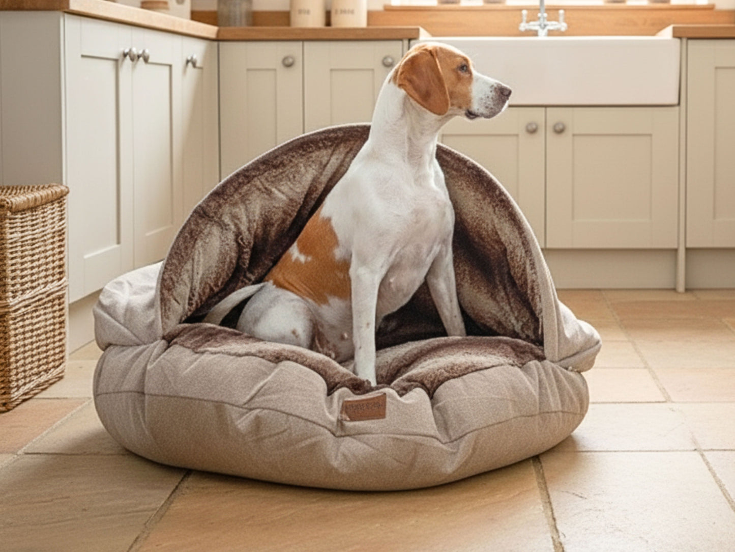 Dog sitting inside a cozy pet cave bed in a kitchen