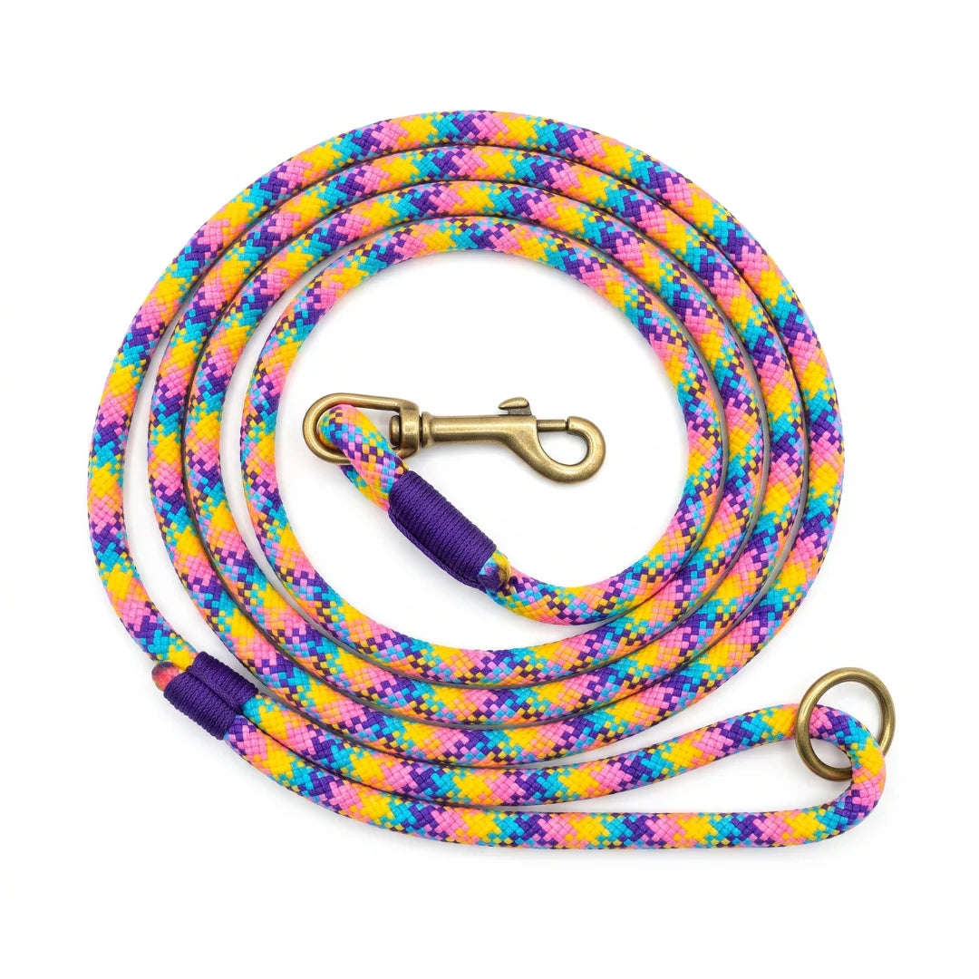 Dolomite multicolour handmade rope clip dog lead with antique brass hardware