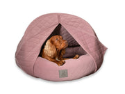 Spaniel inside Deluxe Dusky Pink Cocoon Dog Bed with curtains and structured hood