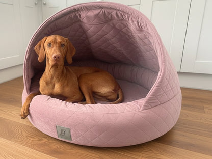 Vizsla dog relaxing in dusky pink quilted velour deluxe cocoon dog bed with open hood
