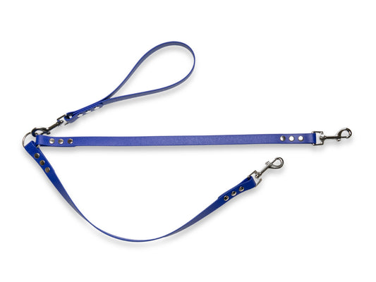Electric Blue waterproof Biothane double dog lead, adjustable and easy to clean