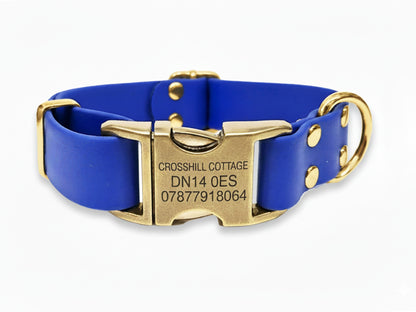 Blue biothane dog collar with a gold buckle on a white background