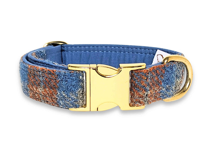 Extra wide 38mm orange and blue check Harris Tweed collar, UK-made dog accessory - Collared Creatures