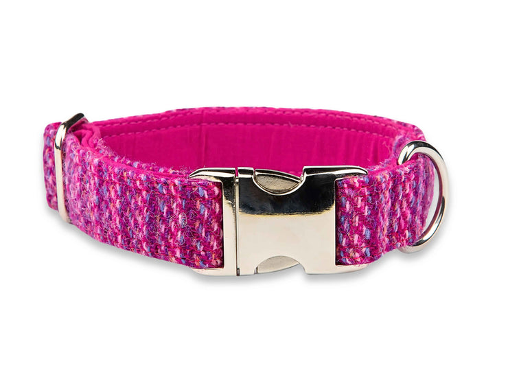 Handmade pink koana Harris Tweed dog collar in extra wide 38mm, stylish collar for dogs