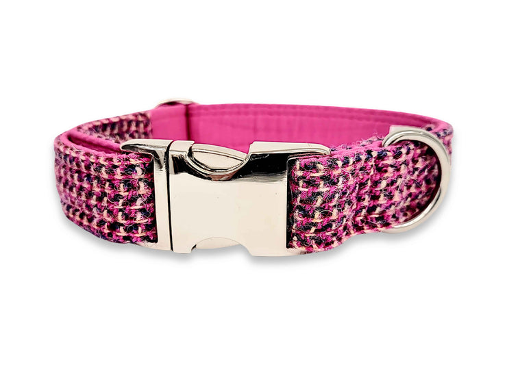 Luxury pink paradise tweed dog collar in Harris Tweed, 38mm wide and handmade in the UK