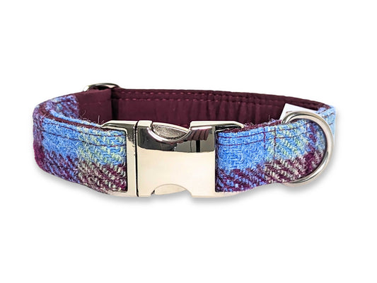 Extra wide 38mm burgundy & blue check tweed dog collar, luxury handmade accessory for dogs - Collared Creatures