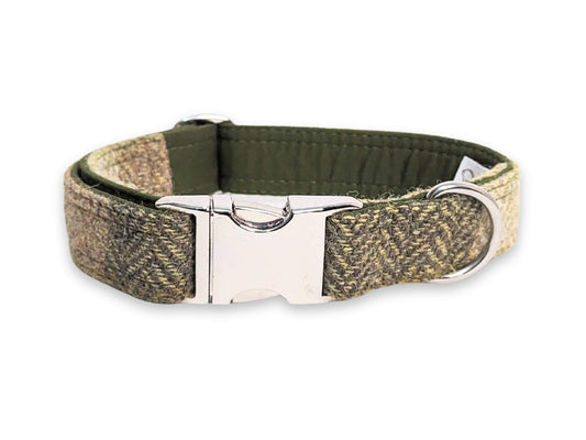 Green Block Harris Tweed dog collar, stylish and strong 38mm design from Collared Creatures. Clasp collar for large dogs
