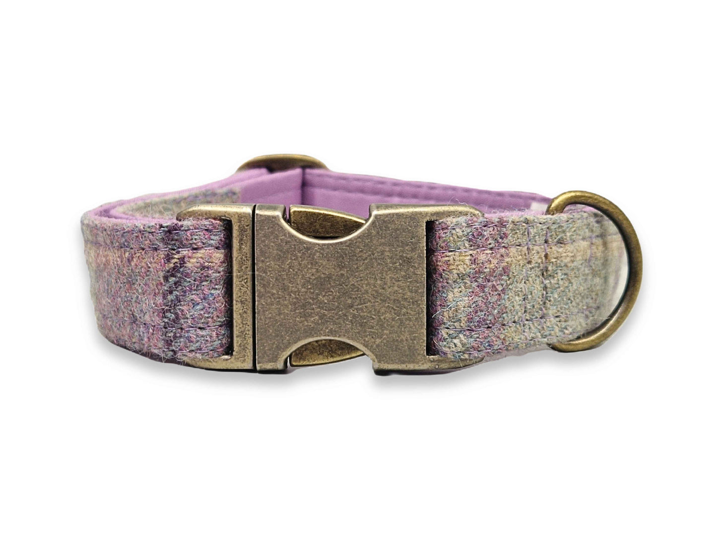 Dog collar for large dogs with purple and gray pattern and brass buckle on a white background