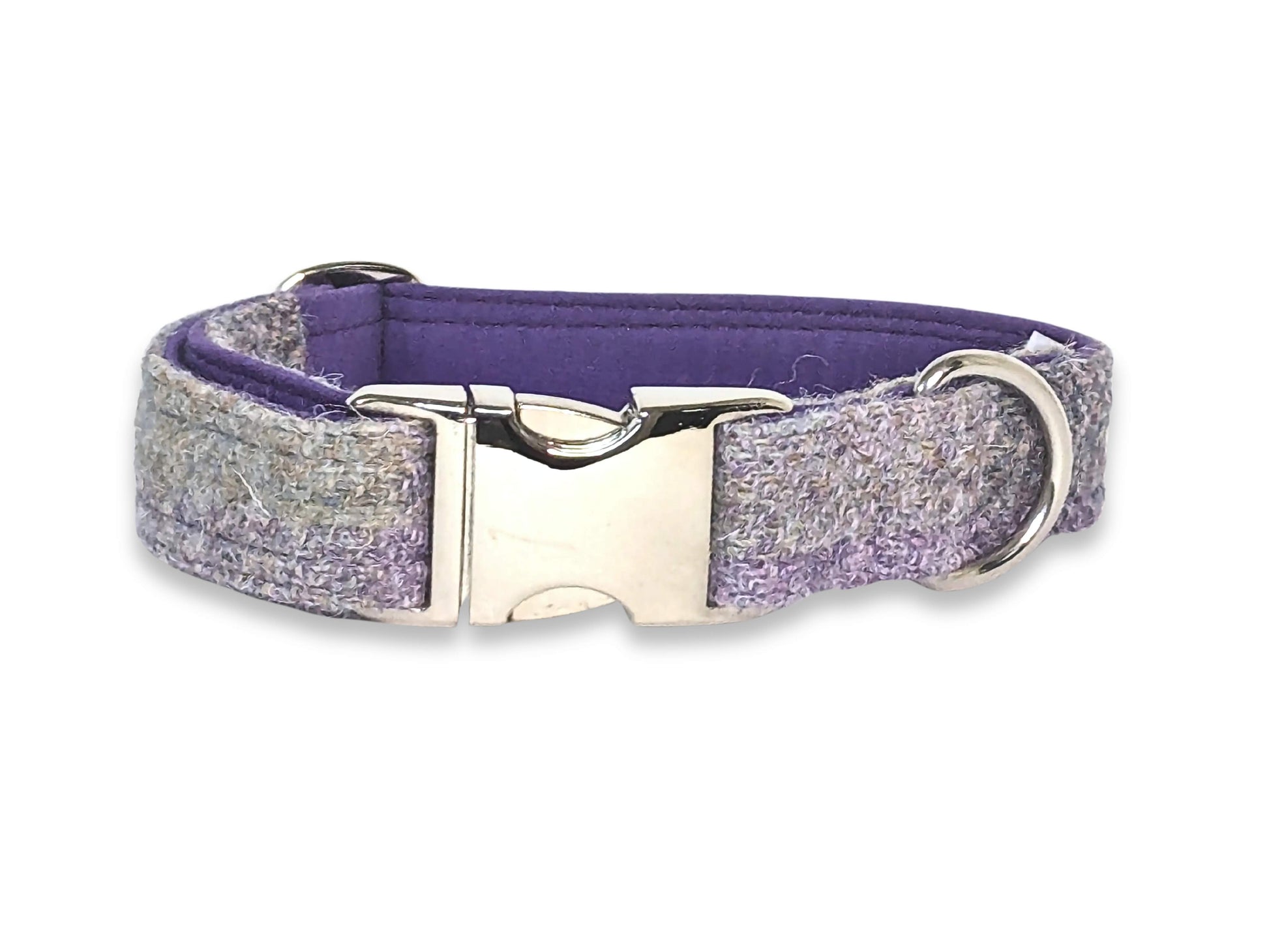 Lavender Block Check Harris Tweed dog collar, 38mm wide UK-made design for fashionable dogs - Collared Creatures