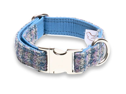 Handcrafted lilac & blue small check Harris Tweed dog collar, UK-made for durability and comfort. Machine washable, soft inner lining, large dogs - Collared Creatures