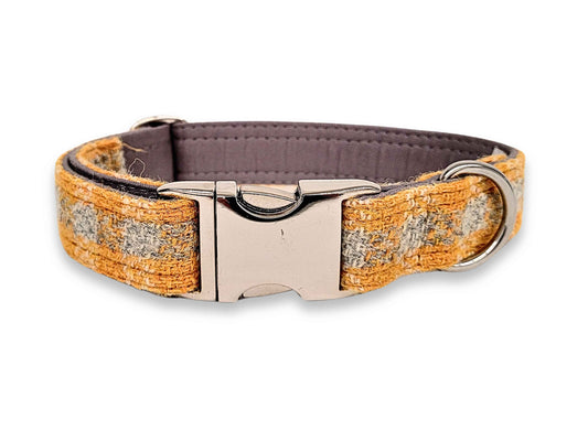 Extra wide 38mm sunflower check tweed dog collar, luxury handmade accessory for dogs. Machine washable - Collared Creatures