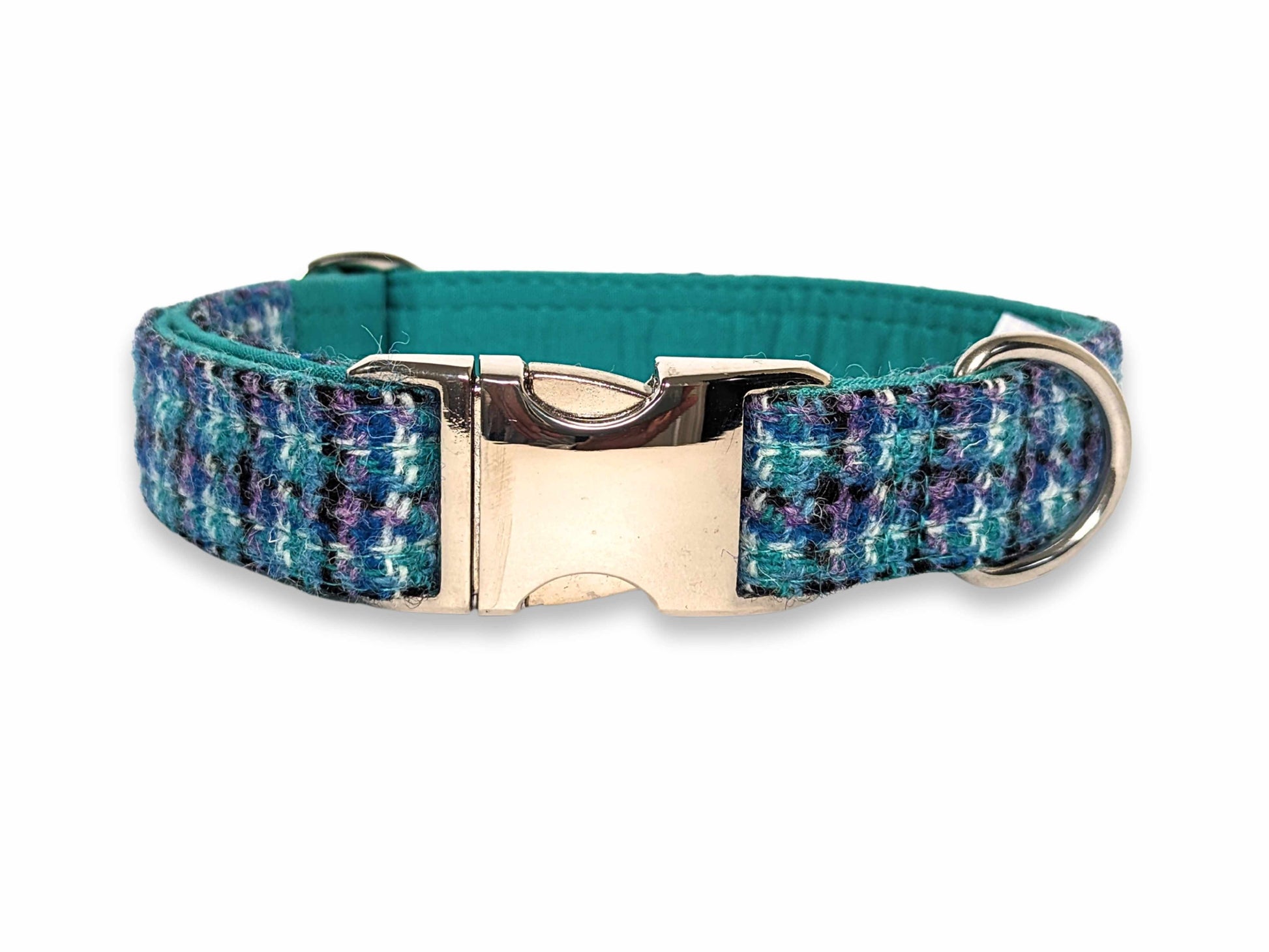 Teal, Lilac & Black Harris Tweed dog collar, uk handmade 38mm wide collar for comfort and durability - Collared Creatures
