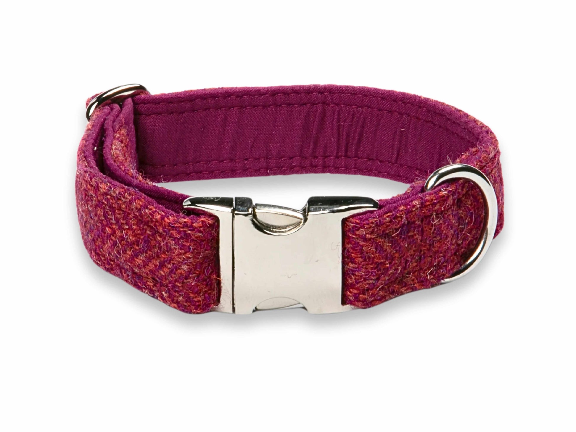 Luxury 38mm wide raspberry & coral dog collar in Harris Tweed, ideal for medium and large dogs - Collared Creatures