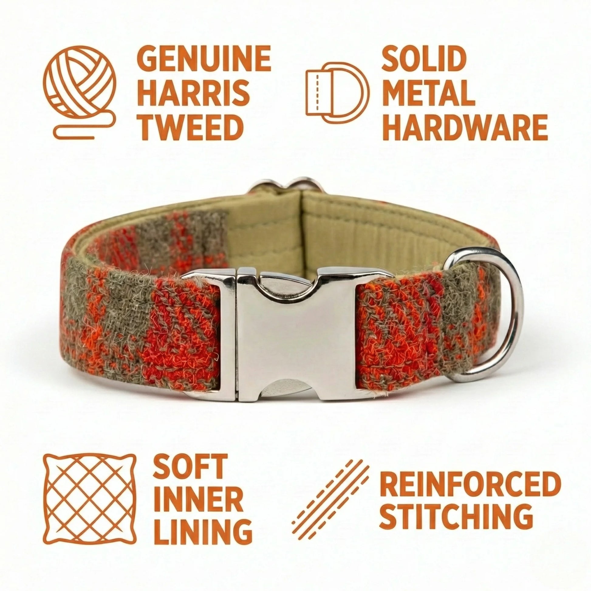 Dog collar with Harris Tweed material, solid metal hardware, soft inner lining, and reinforced stitching on a white background.