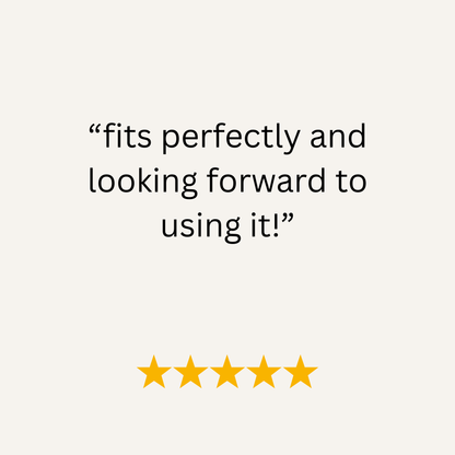 Five-star rating with text 'fits perfectly and looking forward to using it!' on a white background
