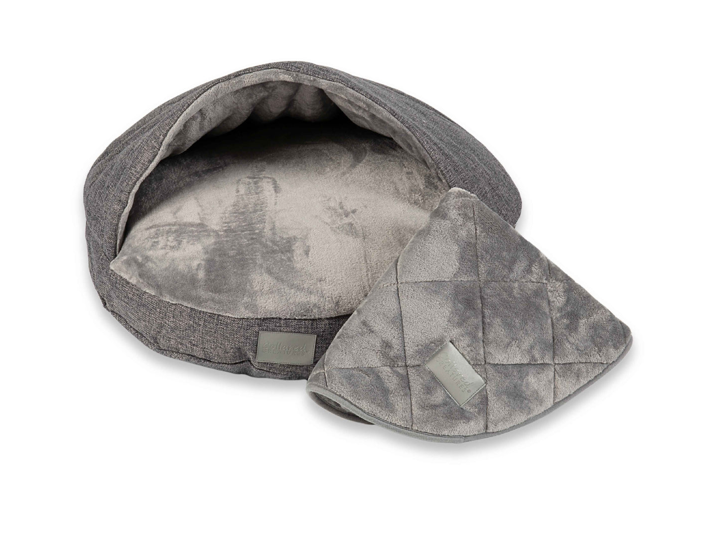 folded grey dog blanket with cave bed