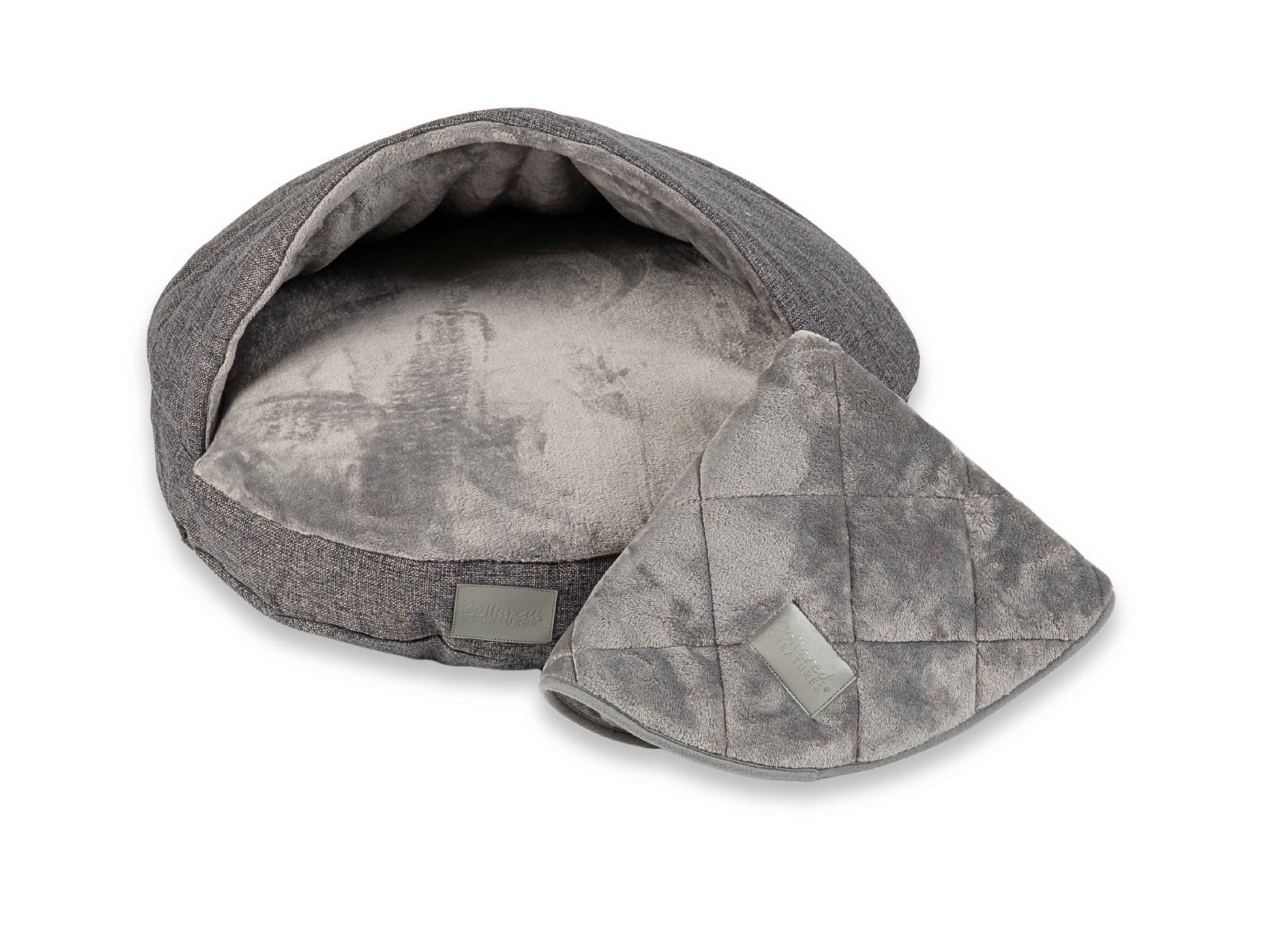 folded grey dog blanket with cave bed