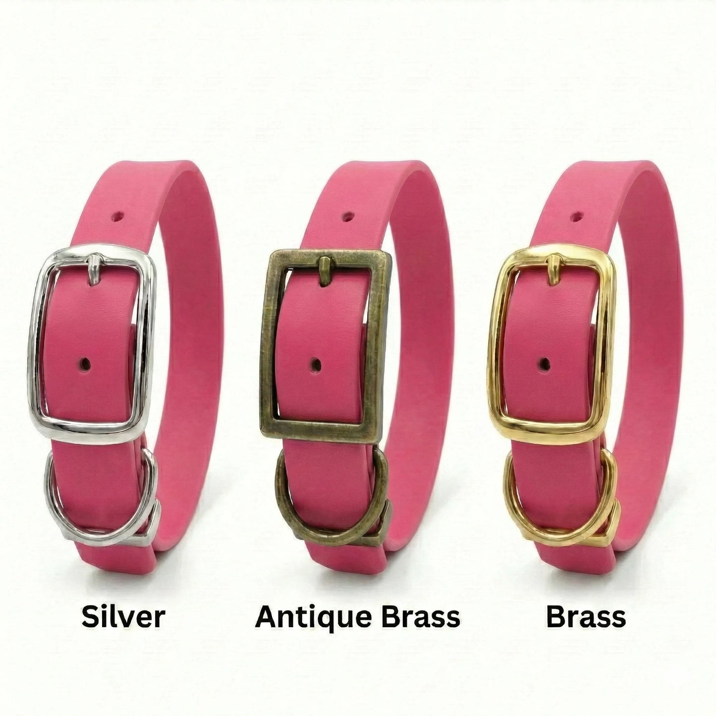 Three pink dog collars with silver, antique brass, and brass buckles on a white background.