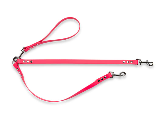Fuchsia waterproof Biothane double dog lead for walking two dogs, stylish and wipe-clean