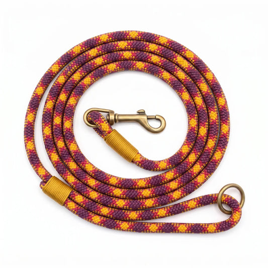 Burgundy and mustard handmade rope dog clip lead with brass trigger hook and ring