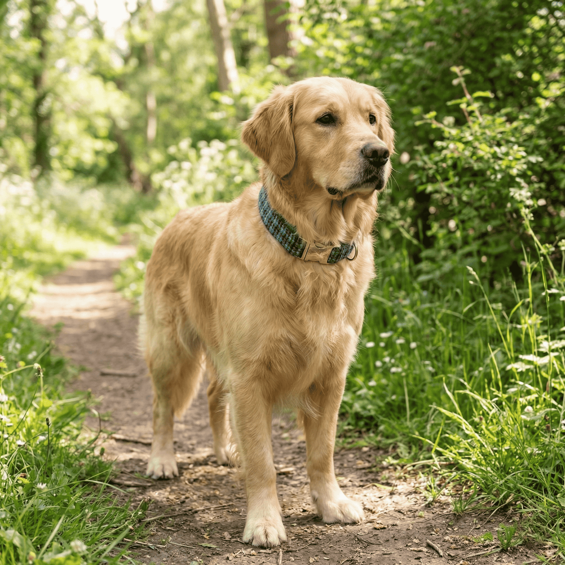Golden retriever standing on a path in a forest wearing tweed dog collar