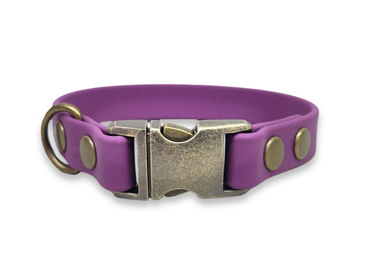 purple small breed biothane dog collar on white bg