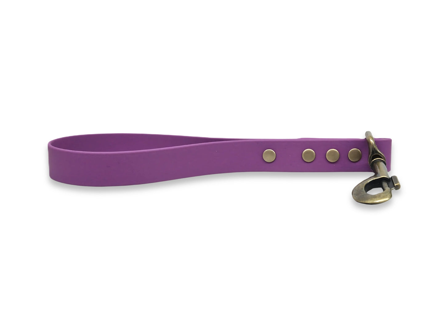 Purple dog traffic handle with brass hardware on a white background