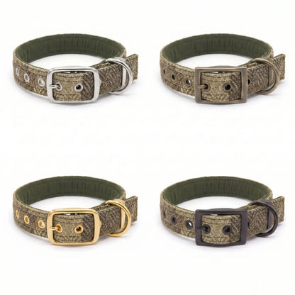 Four dog collars with a green checked pattern and olive green inner lining, arranged in a 2x2 grid on a white background. Each collar features a different buckle color: silver, bronze, gold, and black.