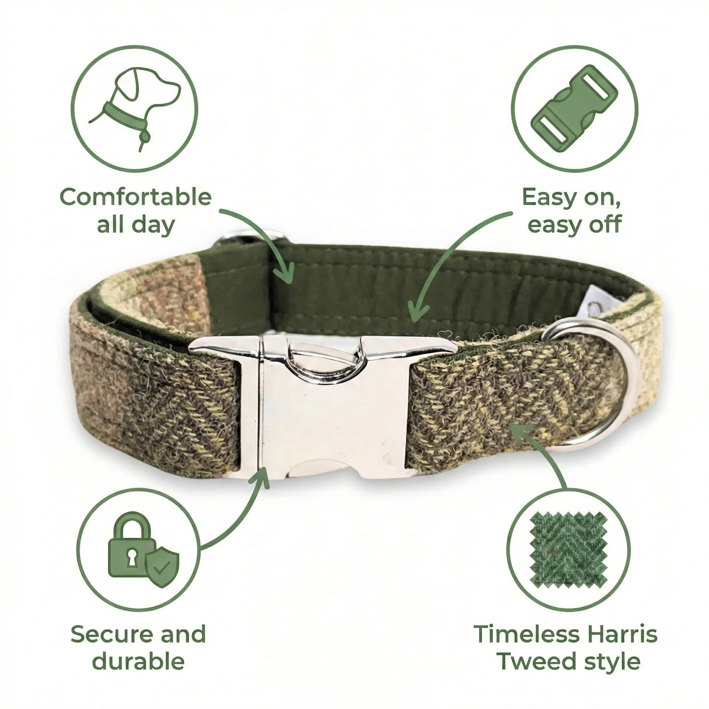 Green Block Herringbone Luxury Harris Tweed Dog Collar