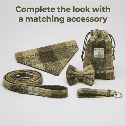 Set of matching accessories including a bow tie, dog collar, leash, and pouch on a light gray background.