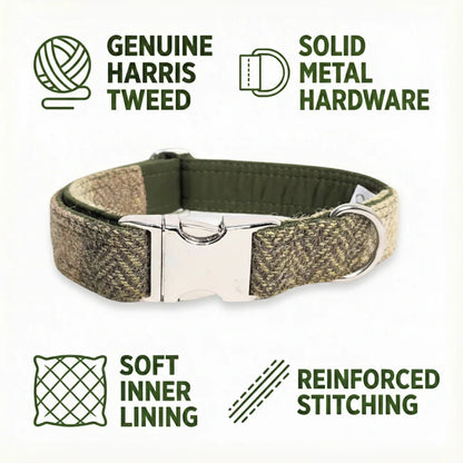 Green Block Herringbone Luxury Harris Tweed Dog Collar