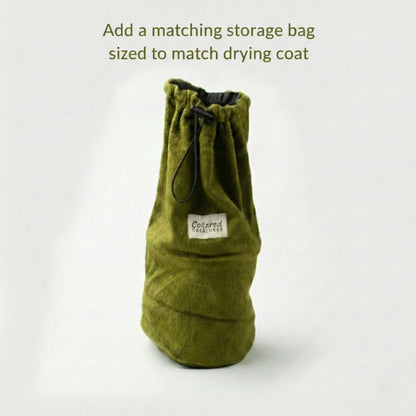 Green drawstring bag with a label on a white background