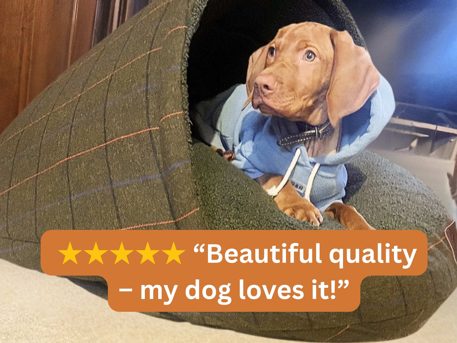 Green dog cave bed with removable hood and a 5-star customer review overlay.
