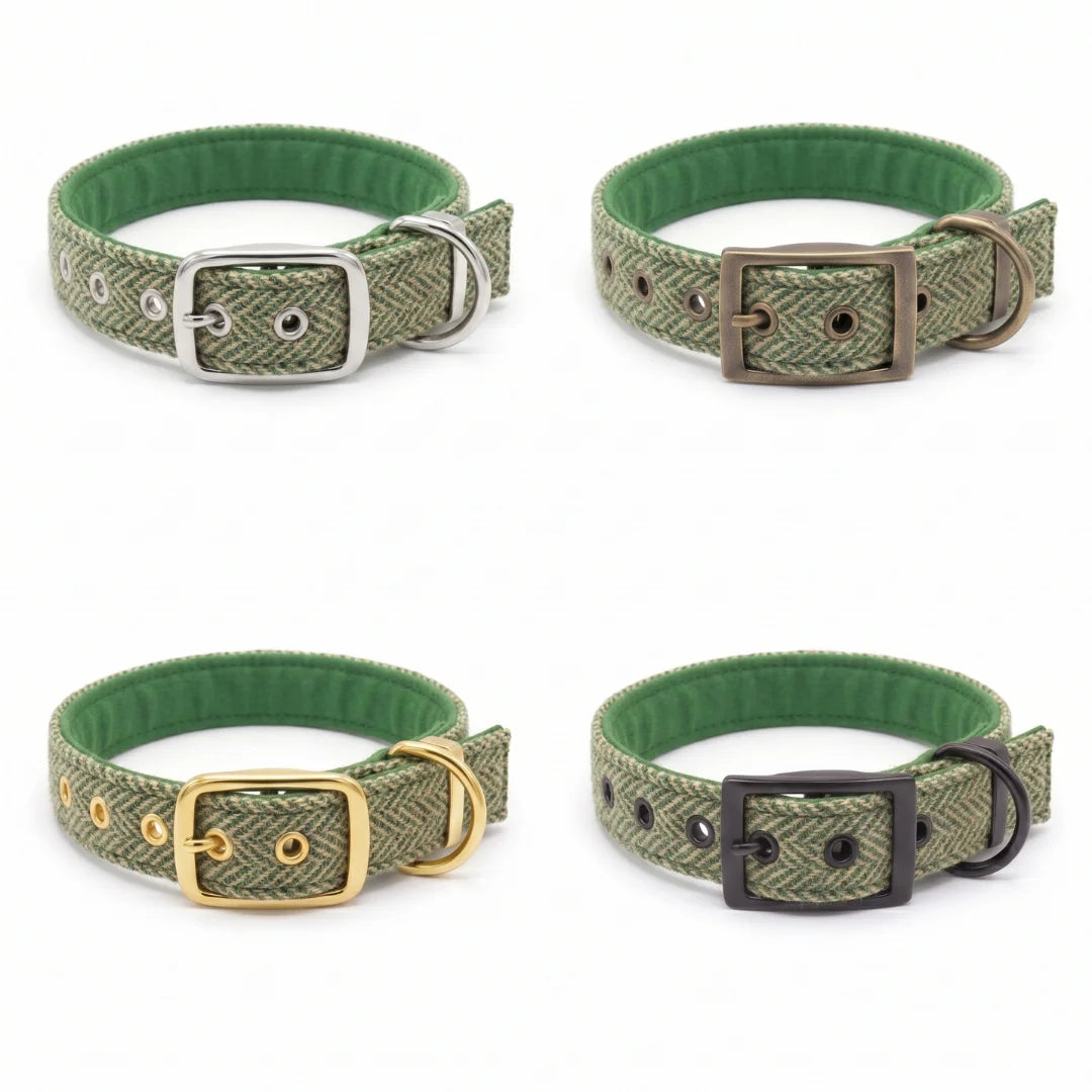 Grünes Fischgrätenmuster - Schnallenverschluss Luxury Harris Tweed Hundehalsband
