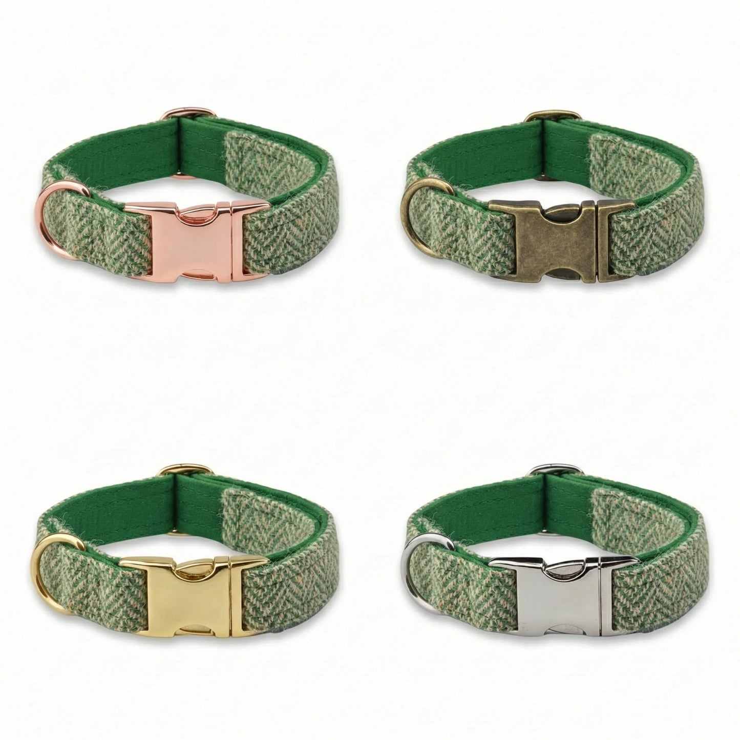 Four green herringbone patterned dog collars with different metal buckles on a white background.
