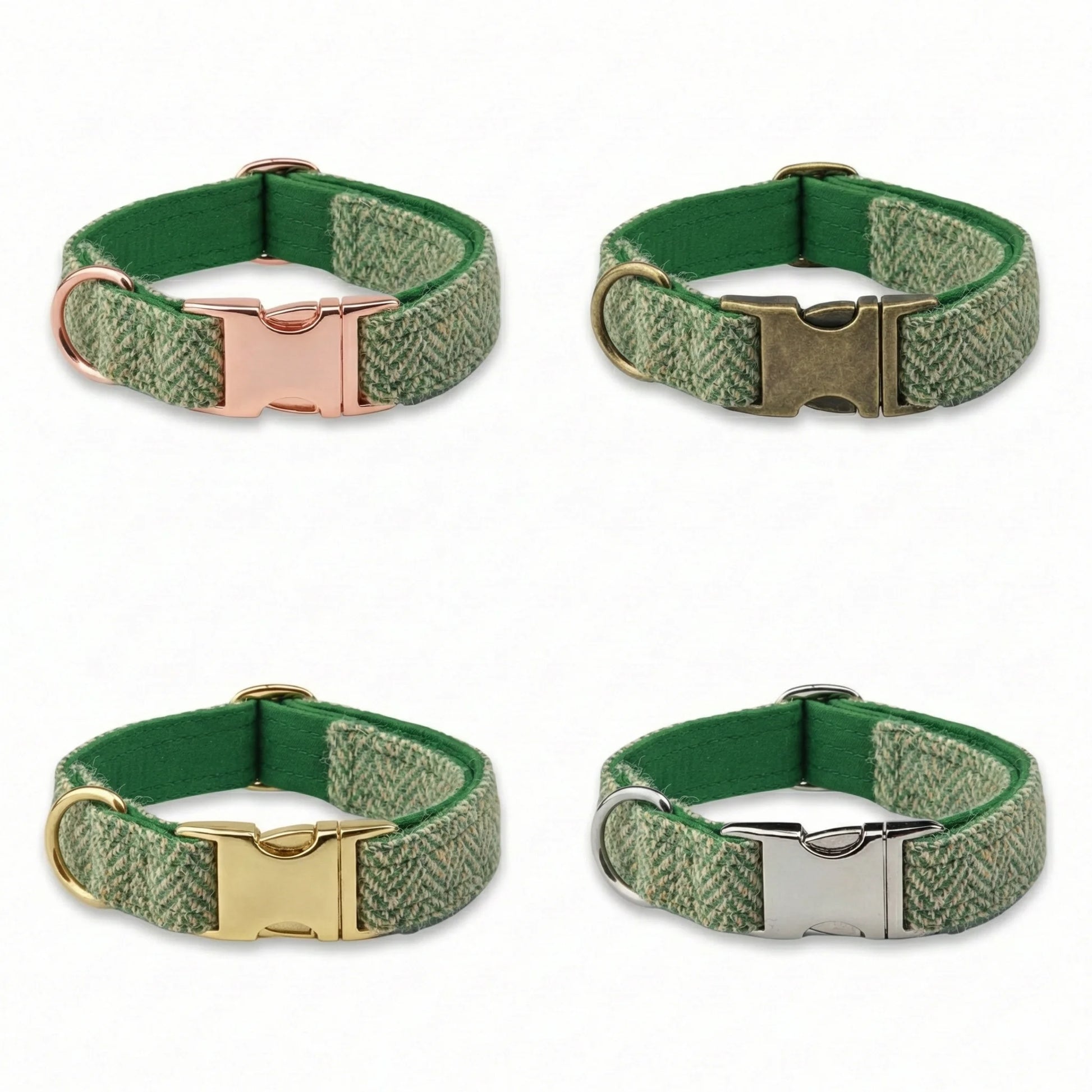 Four green herringbone patterned dog collars with different metal buckles on a white background.