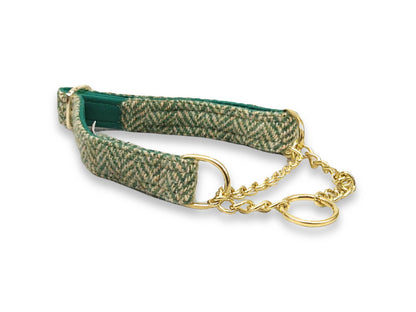 Green herringbone tweed half choke martingale dog collar handmade in the UK, ideal for gentle control with a comfortable no-slip fit