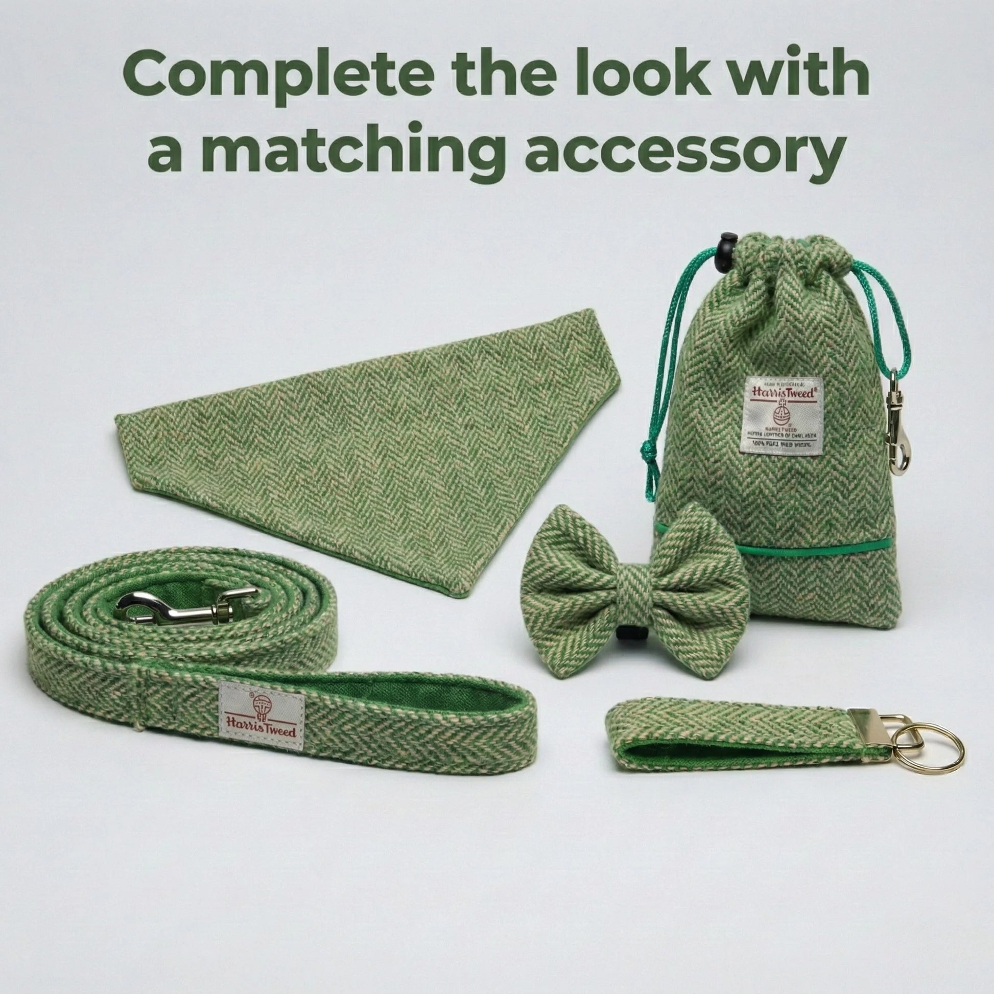 Green pet accessory set including a leash, collar, bow tie, and pouch on a light gray background.