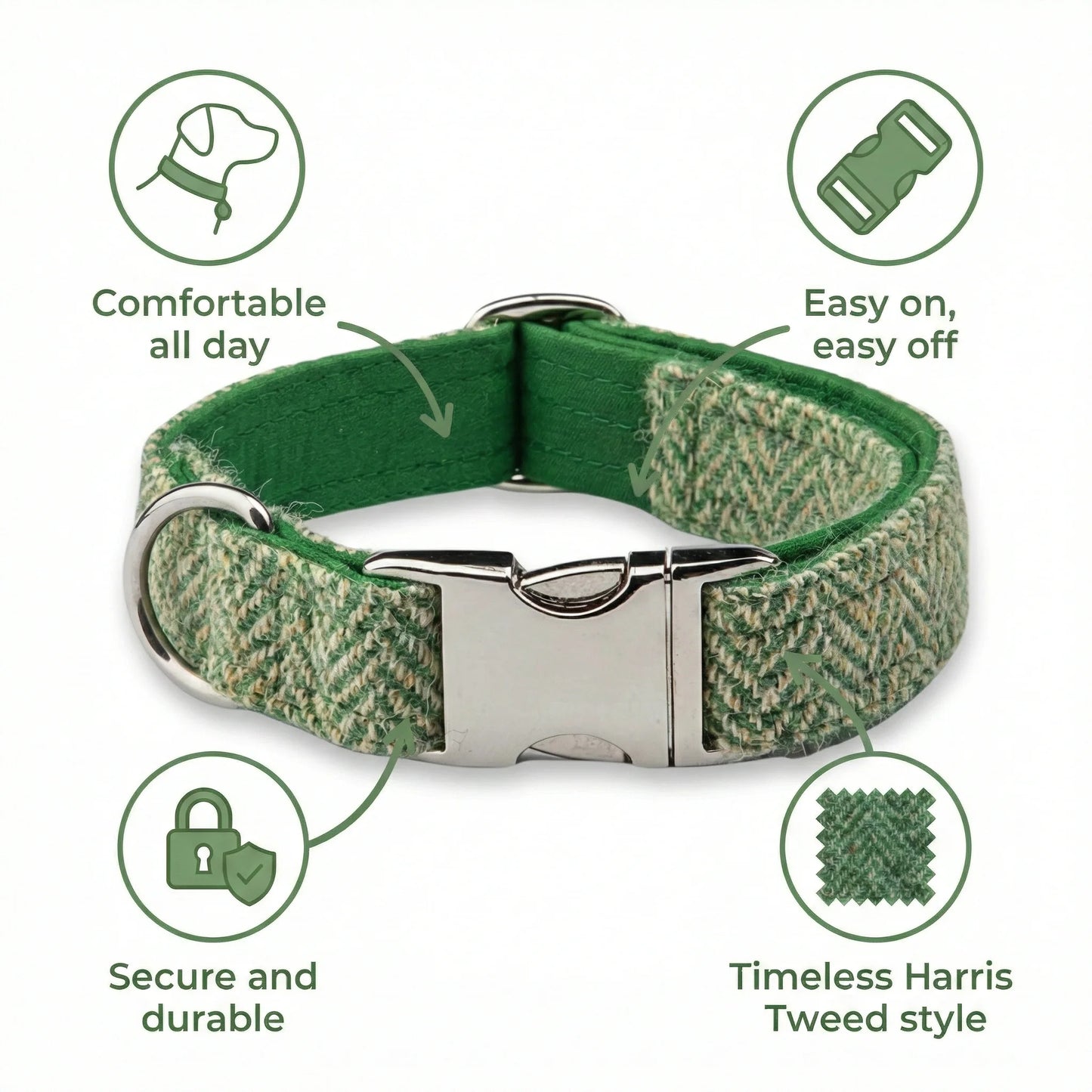 Green Herringbone Luxury Harris Tweed Dog Collar