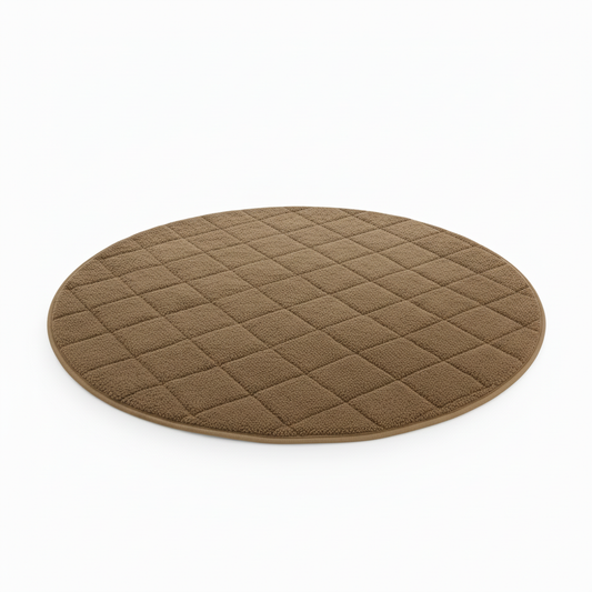 green teddy fur round dog mat white background