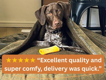Green Tweed Cocoon Bed with customer review overlay: Excellent quality and super comfy, delivery was quick