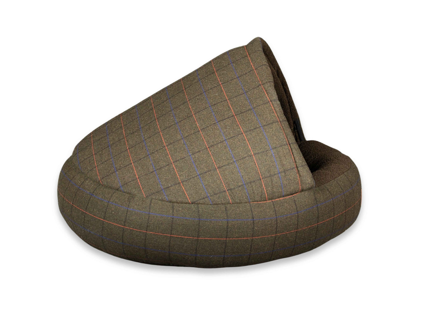 Side view of Collared Creatures cocoon dog bed in green tweed